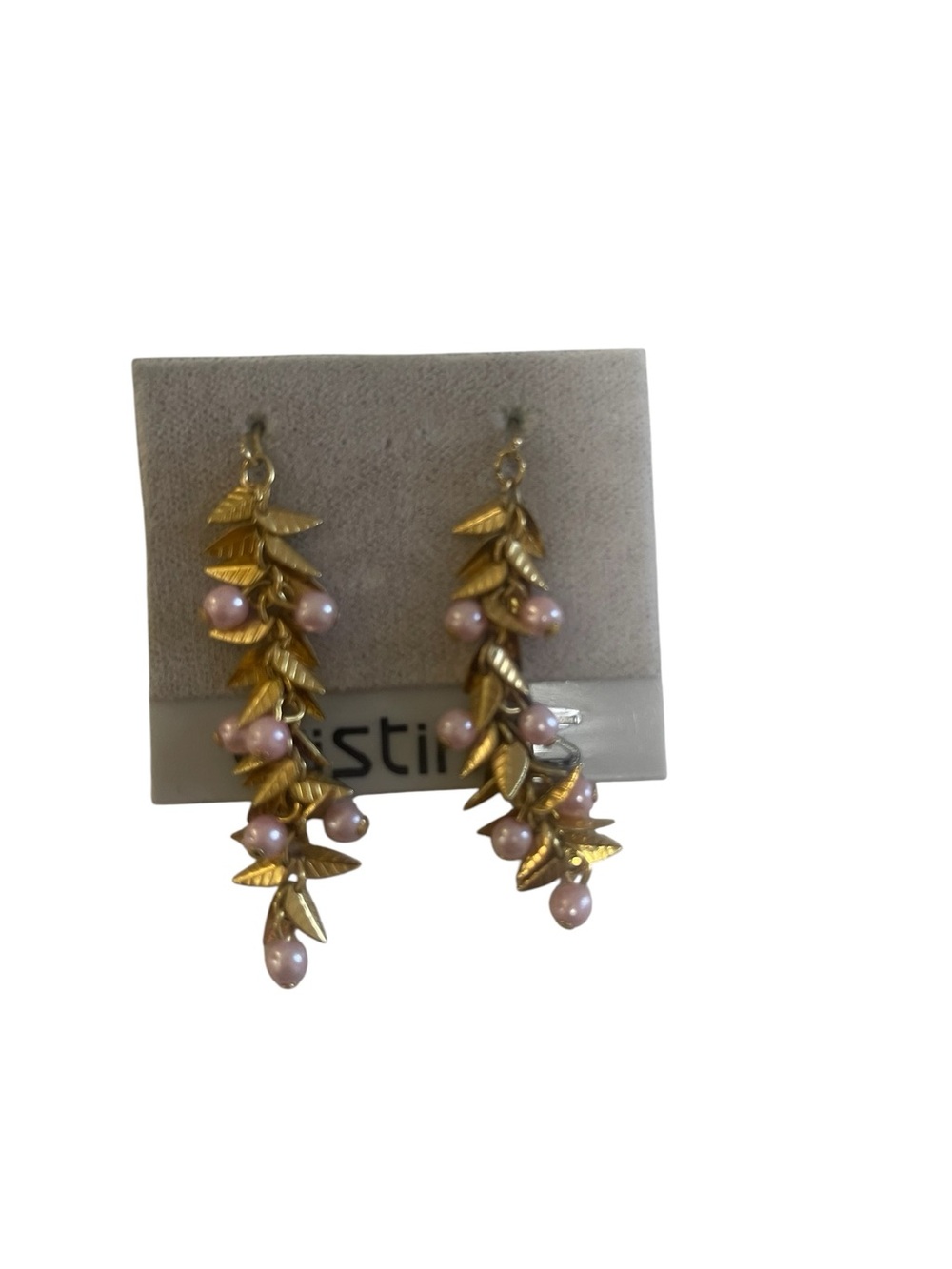 Stylish Gold Leaf Drop Earrings with Pink Pearls - Unbranded